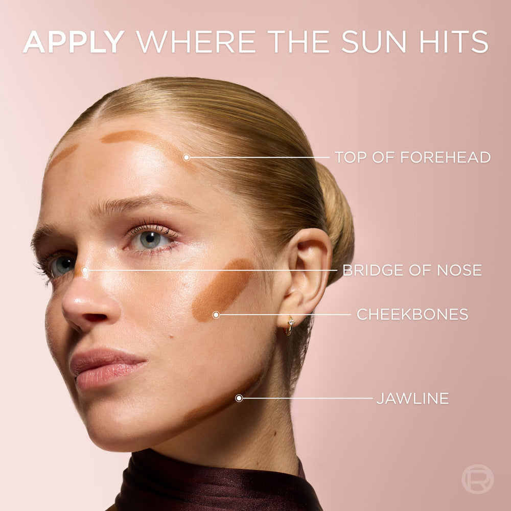 L'Oreal Paris Lumi Bronze Le Stick Soleil warm sunset glow on cheeks.