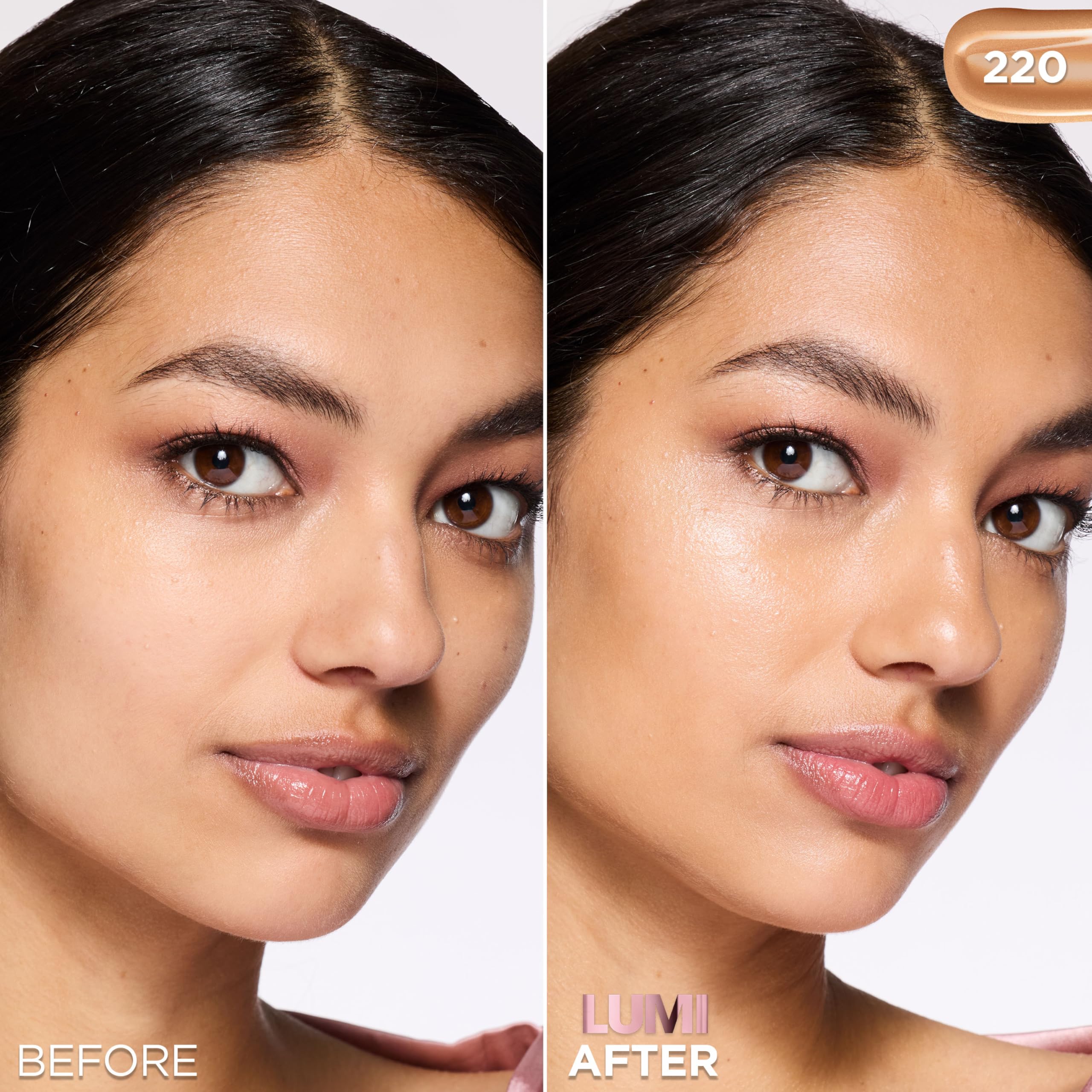 L'Oreal Paris Lumi Le Glow Skin Tint swatches displaying shade range and natural finish
