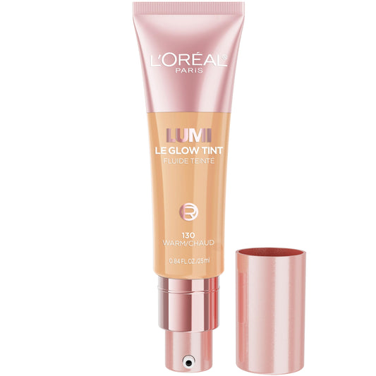 L'Oreal Paris Lumi Le Glow Tint bottle closeup showing lightweight glow and breathable finish.
