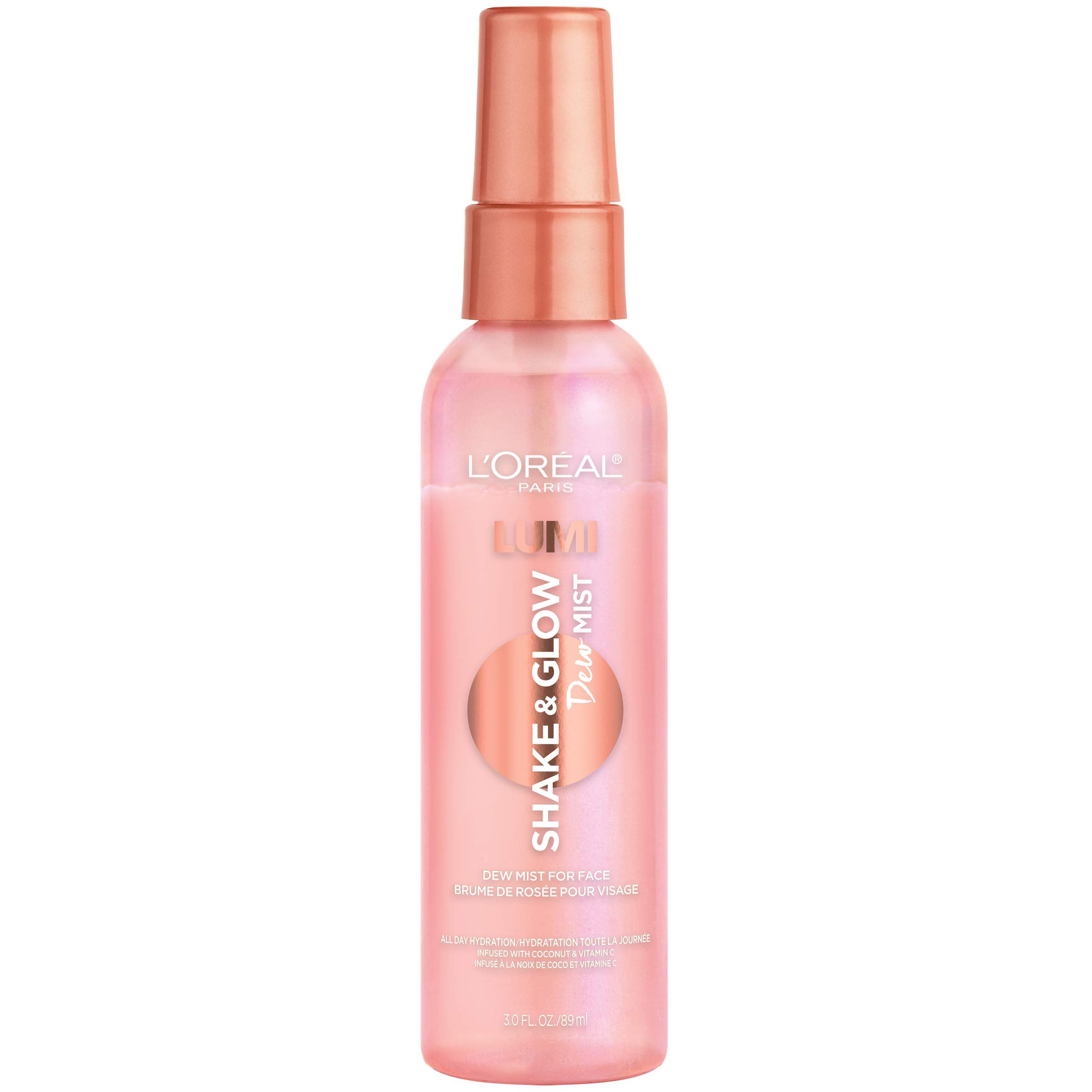 L'Oreal Paris LUMI Shake and Glow Dew Mist bottle activated for dewy hydration.