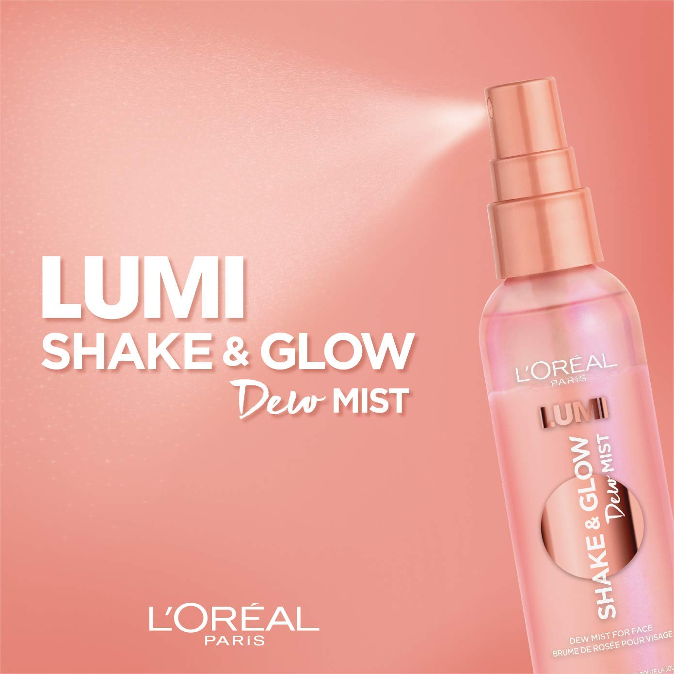 L'Oreal Paris LUMI Shake and Glow Dew Mist spray in action on skin for natural glow.