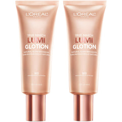 L'Oreal Paris Lumi Glotion bottle shows glow-boosting hydration for radiant skin.