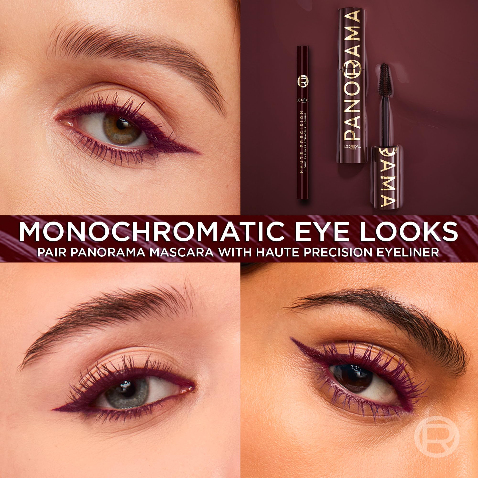 Burgundy shade swatch on lashes highlighting eye color.