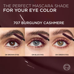 Lashes fanned out for panoramic volume in burgundy shade.
