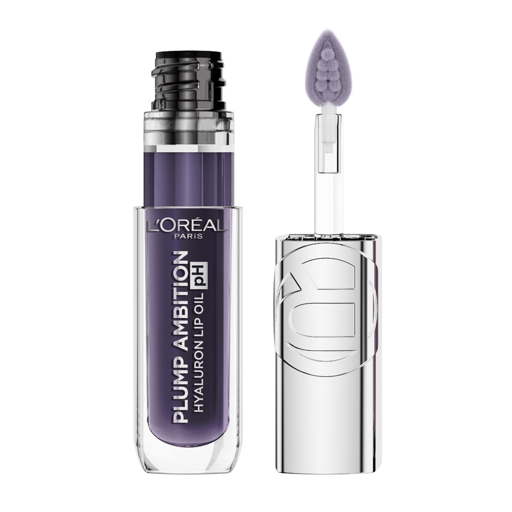 L'Oreal Paris Plump Ambition lip oil bottle with color-changing tint and 24-hour hydration.