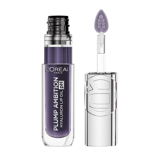 L'Oreal Paris Plump Ambition lip oil bottle with color-changing tint and 24-hour hydration.