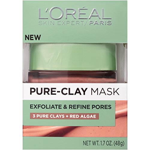 L'Oreal Paris Pure Clay Mask with Red Algae application layer demonstrates quick, 10-minute pore refinement ritual.