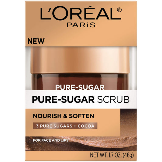 Close-up of L'Oreal Paris Pure Sugar Scrub texture with mixed sugars for gentle polishing.