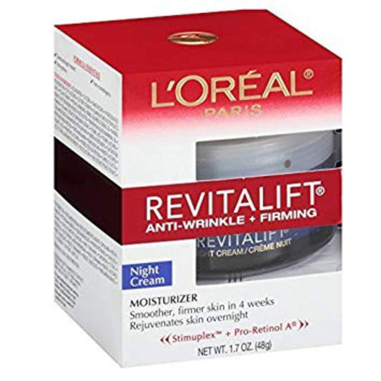 L'Oreal Paris RevitaLift night cream bottle close-up for firmer, smoother skin overnight.