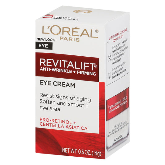 L'Oreal Paris RevitaLift eye cream tube close-up, may reduce fine lines.