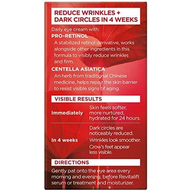 L'Oreal Paris RevitaLift eye care tube on shelf, smooths eye skin.