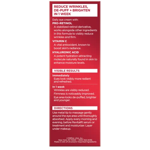 L'Oreal Paris Revitalift packaging with luxe texture, indicating 24-hour hydration around the eye