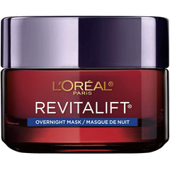 L'Oreal Paris Revitalift triple power overnight mask jar close-up, showing creamy hydration and anti-wrinkle potential.