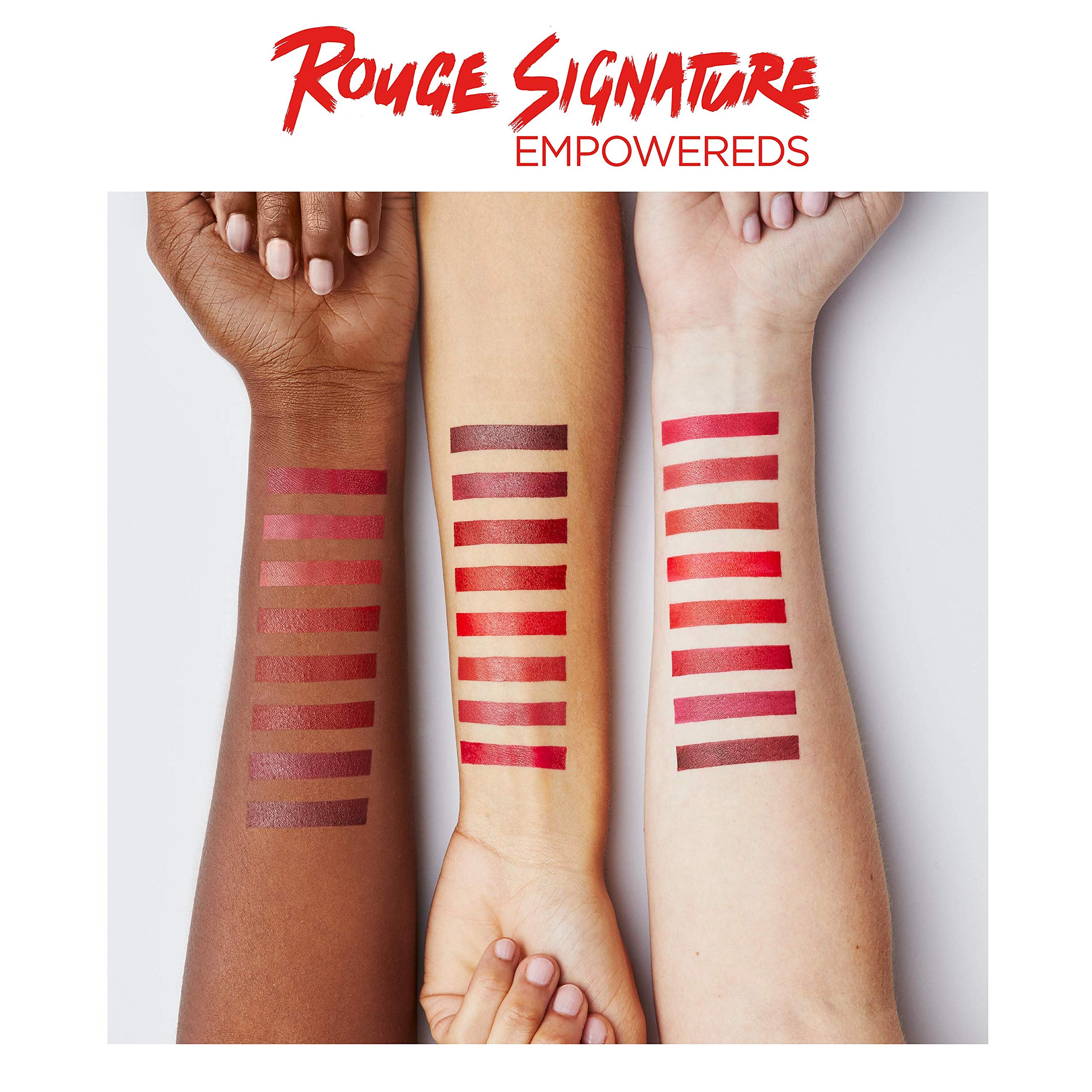 L'Oreal Paris Rouge Signature metallic shade swatch for statement lips.