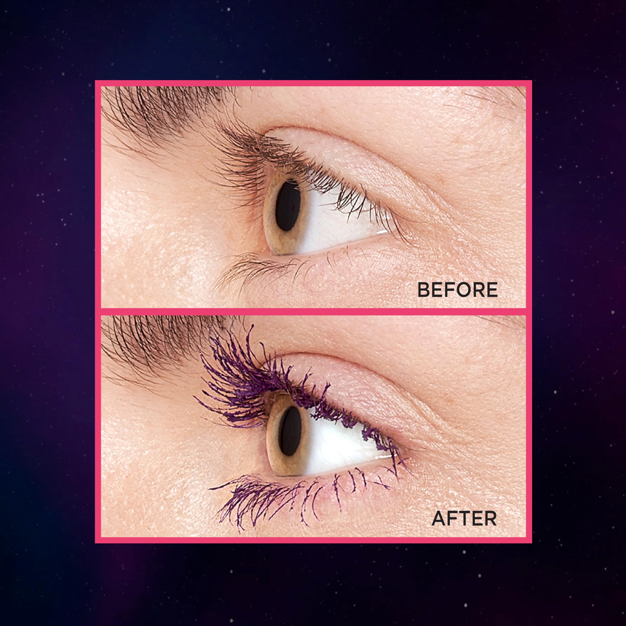 Galactic Purple shade on lashes demonstrating bold color