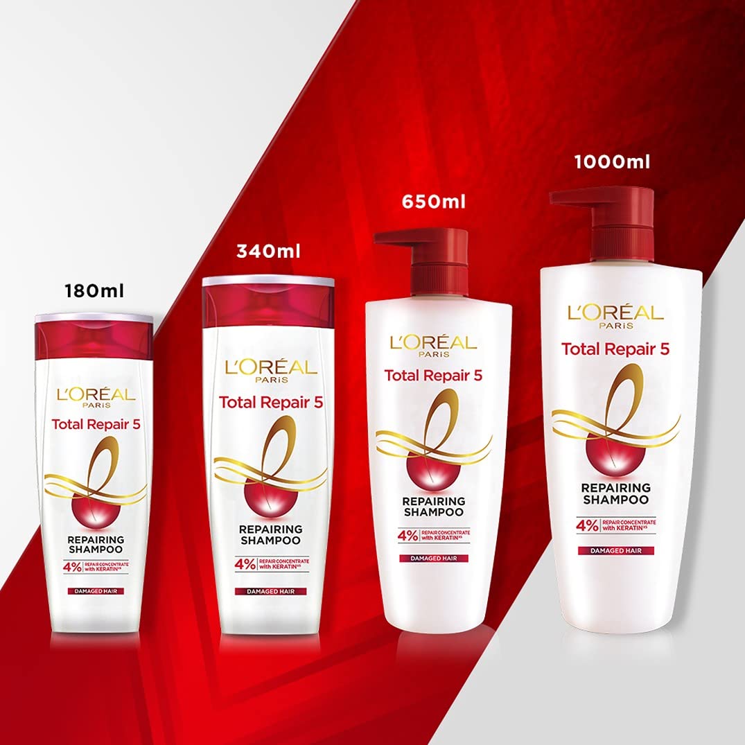 L'Oreal Paris Total Repair 5 Shampoo in a bathroom scene supports daily washing routines.