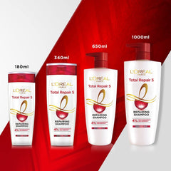 L'Oreal Paris Total Repair 5 Shampoo in a bathroom scene supports daily washing routines.
