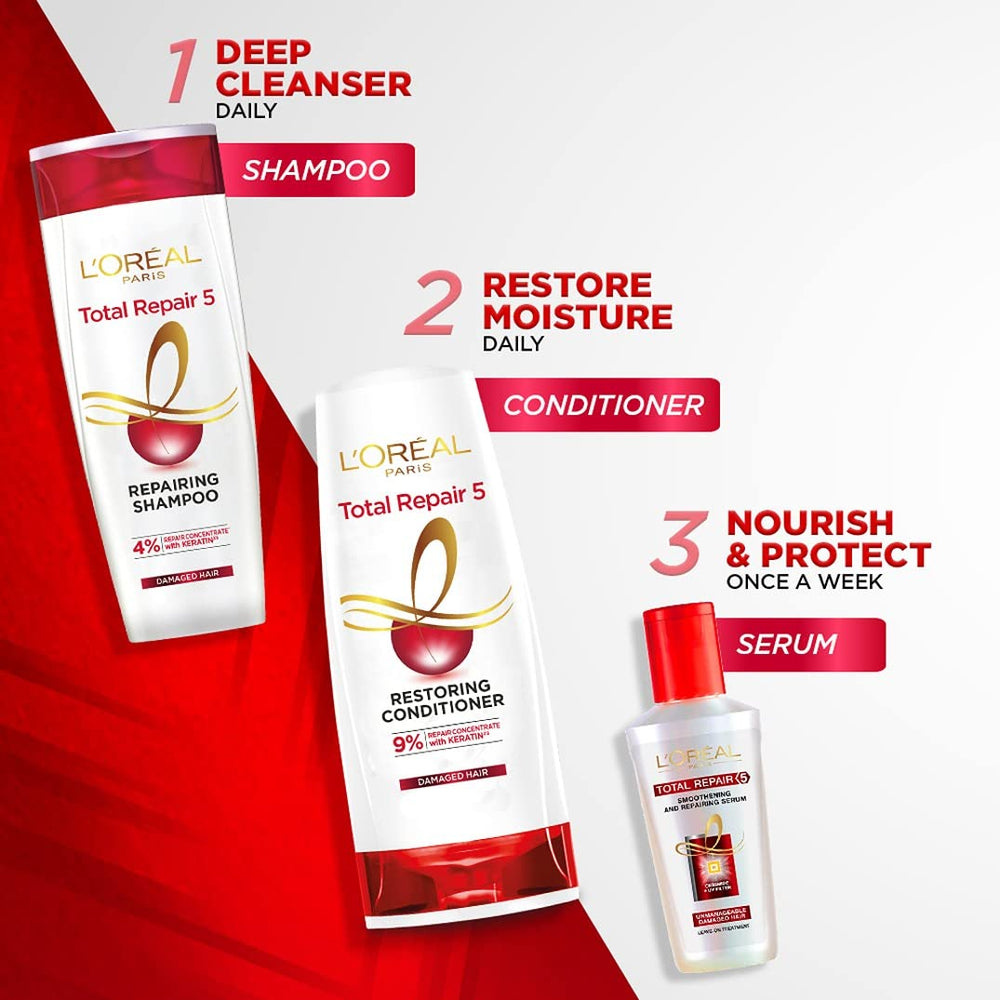 L'Oreal Paris Total Repair 5 Shampoo packaging on shelf emphasizes premium care.