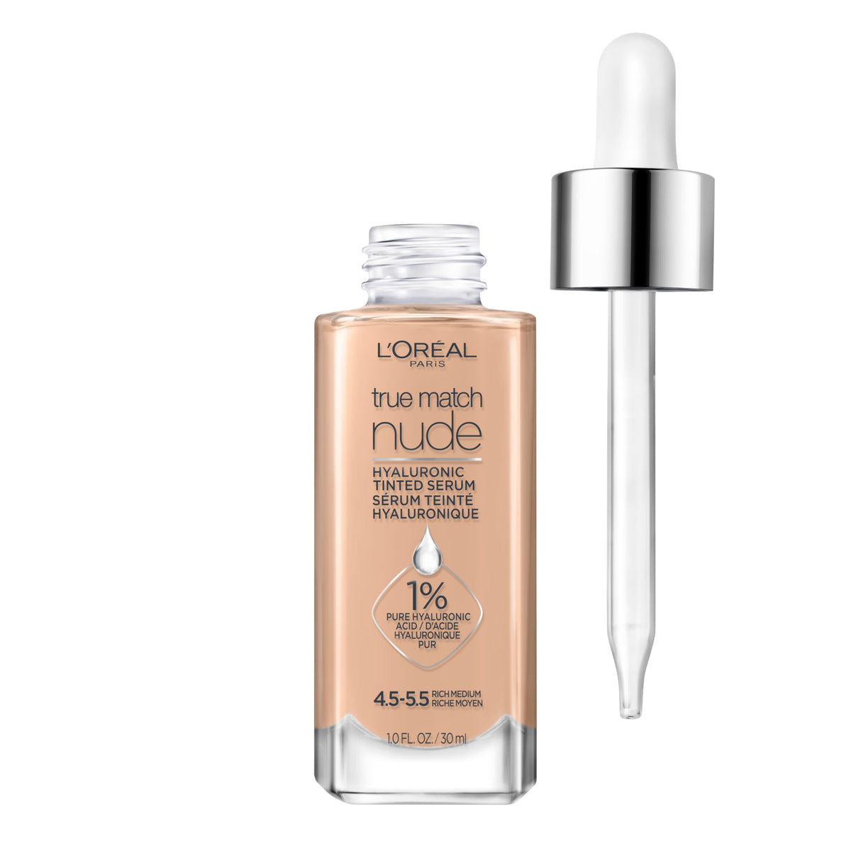 L'Oreal Paris True Match Nude Hyaluronic Serum Foundation close-up showing hydrated, radiant skin