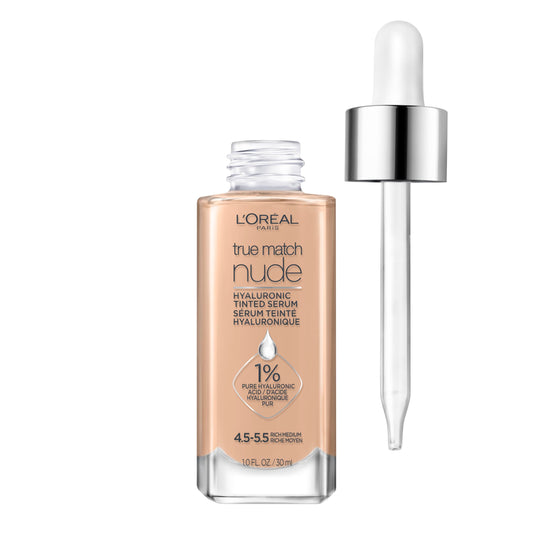 L'Oreal Paris True Match Nude Hyaluronic Serum Foundation close-up showing hydrated, radiant skin