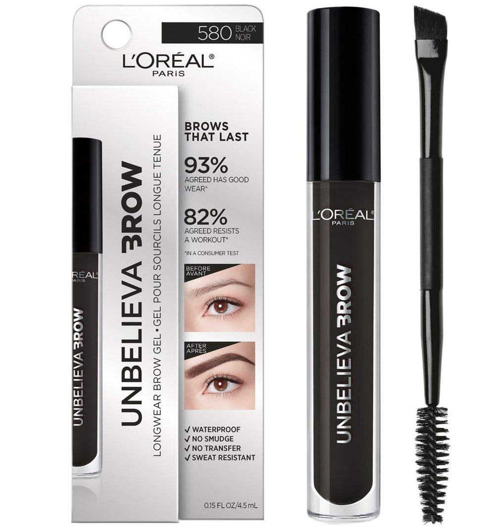 L'Oréal Paris Unbelieva-Brow brow gel packaging shown for travel-ready use and storage.