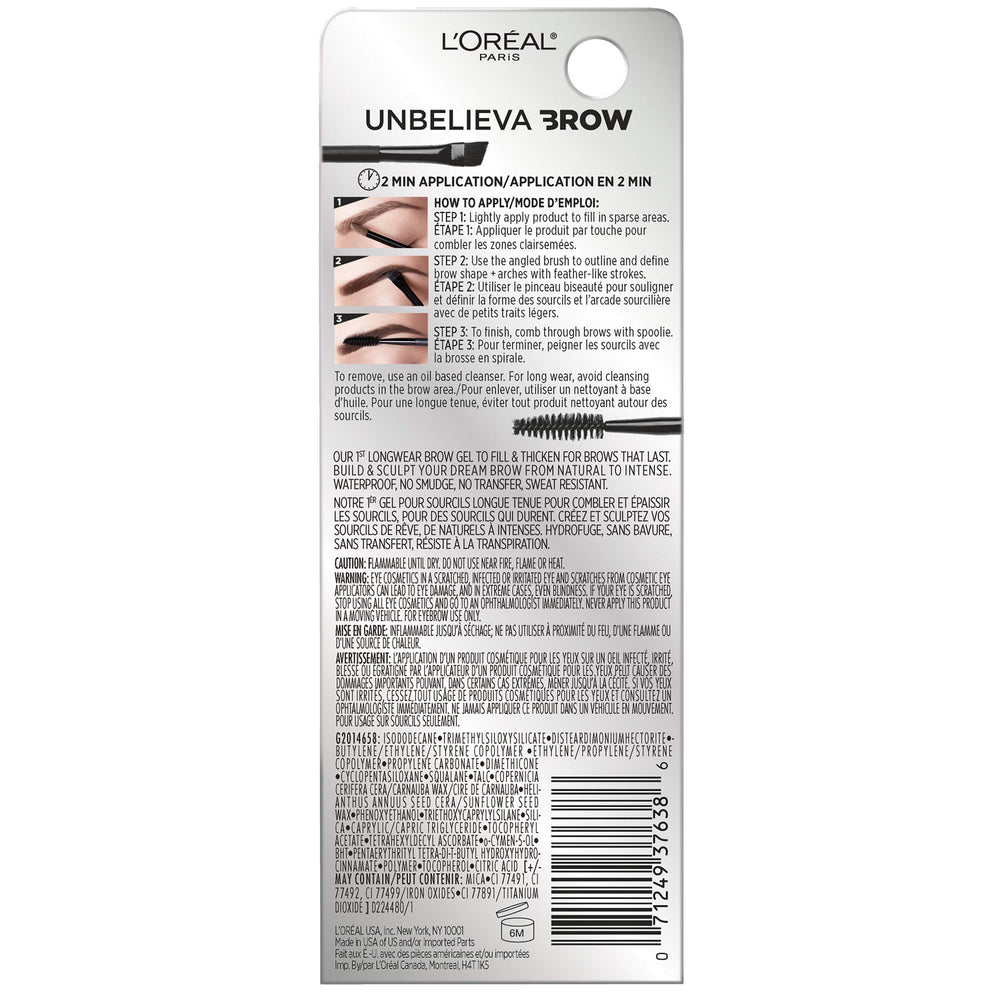 L'Oreal Paris Unbelieva-Brow no-smudge finish preserves natural color.