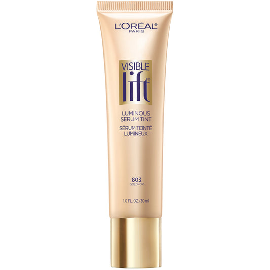 L'Oreal Paris Visible Lift Serum Tint Gold bottle highlights hydrating glow for smooth skin.