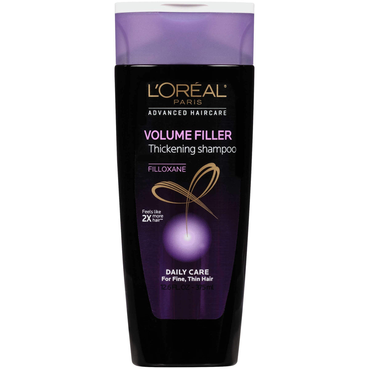 L'Oreal Paris Volume Filler bottle showing stronger, healthier-feeling hair after use.