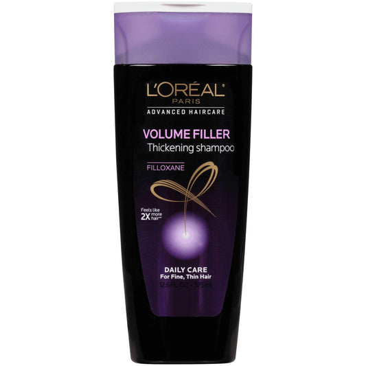 L'Oreal Paris Volume Filler bottle showing stronger, healthier-feeling hair after use.