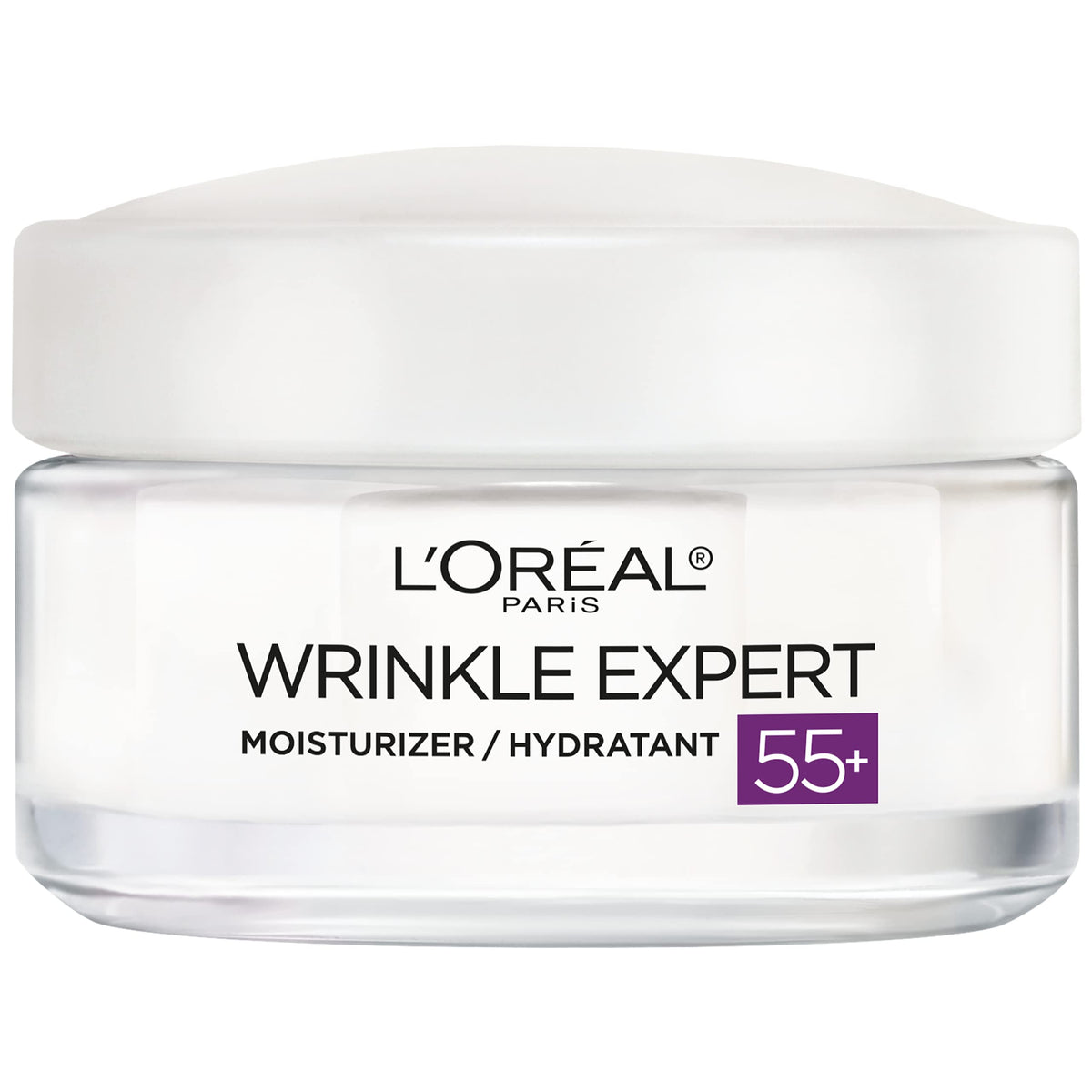 L’Oréal Paris Wrinkle Expert 55+ bottle shown, delivering non-greasy hydration for sensitive skin
