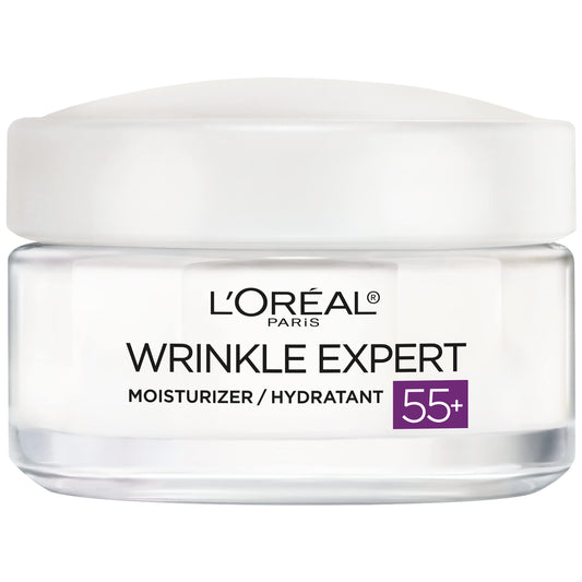 L’Oréal Paris Wrinkle Expert 55+ bottle shown, delivering non-greasy hydration for sensitive skin