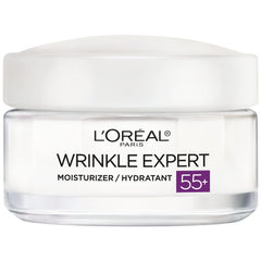 L’Oréal Paris Wrinkle Expert 55+ bottle shown, delivering non-greasy hydration for sensitive skin