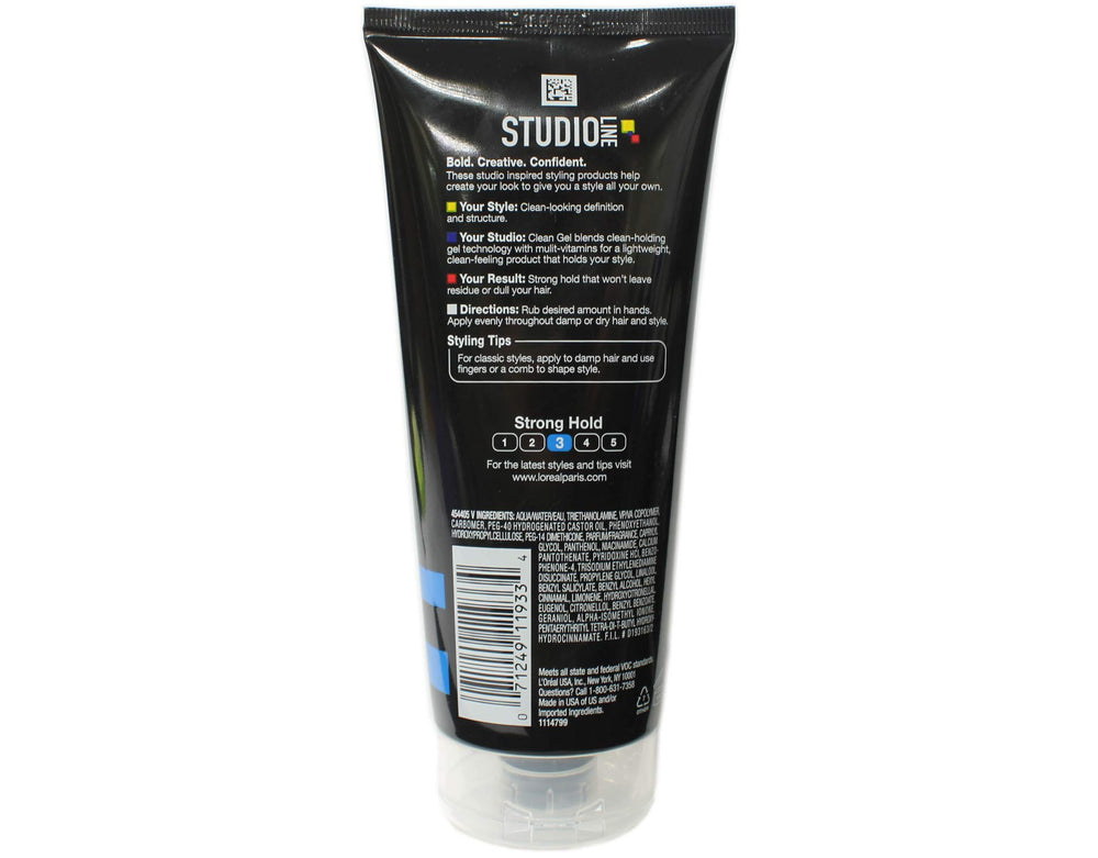 L'Oreal Studio Clean Gel Strong Hold packaging shows value pack with two 6.8 oz tubes.