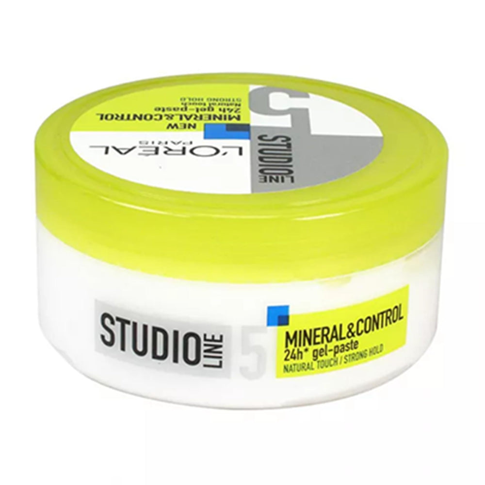 L'Oréal Studio Line Mineral Control gel-paste bottle closeup highlighting natural touch.