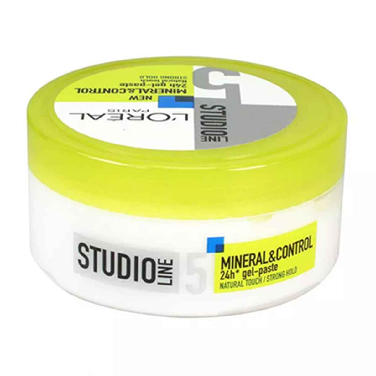 L'Oréal Studio Line Mineral Control gel-paste bottle closeup highlighting natural touch.