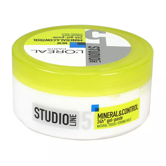 L'Oréal Studio Line Mineral Control gel-paste bottle closeup highlighting natural touch.