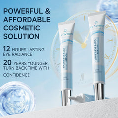 Loreviya eye cream bottle and applicator closeup demonstrates easy, mess-free nightly routine.