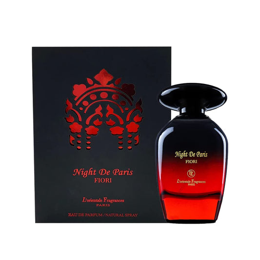 L'ORIENTAL Night De Paris Fiori bottle front—unisex amber-floral for evening wear.