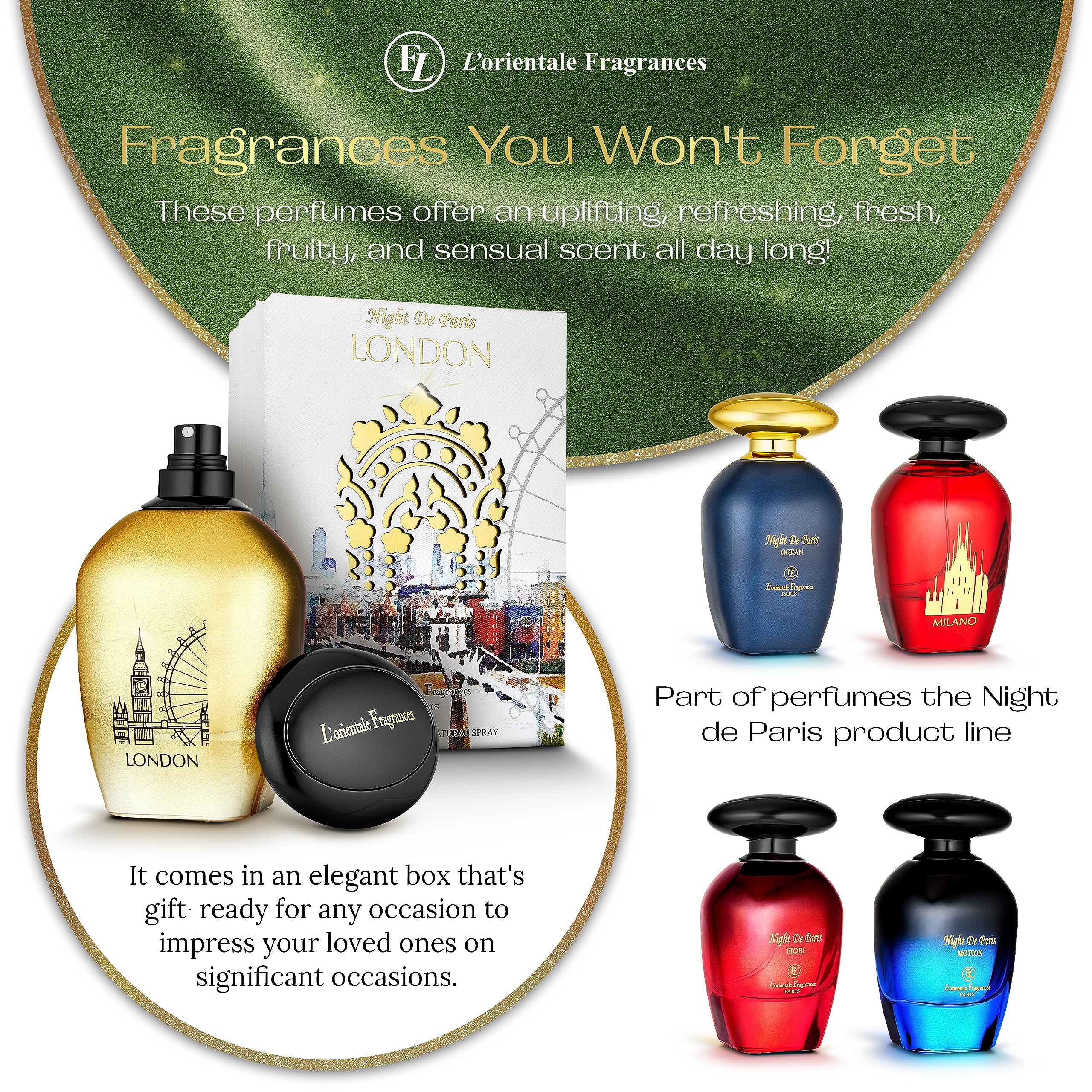 Warm amber-spice aura of Night De Paris London for evening events.