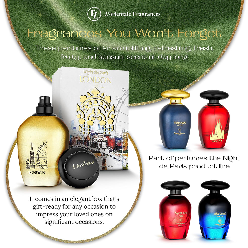 Warm amber-spice aura of Night De Paris London for evening events.