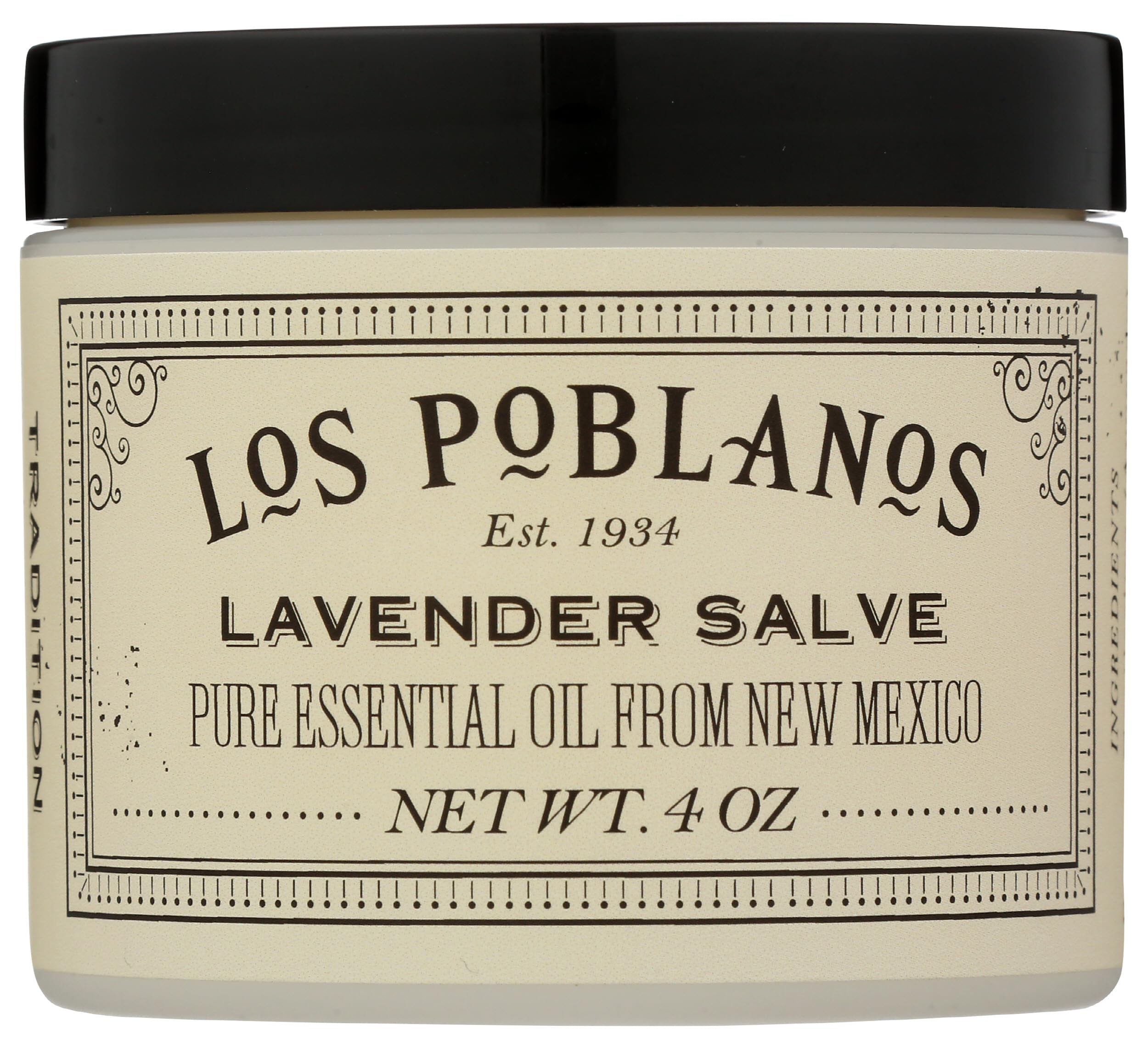 Los Poblanos lavender hand salve jar label close-up for soothing body care