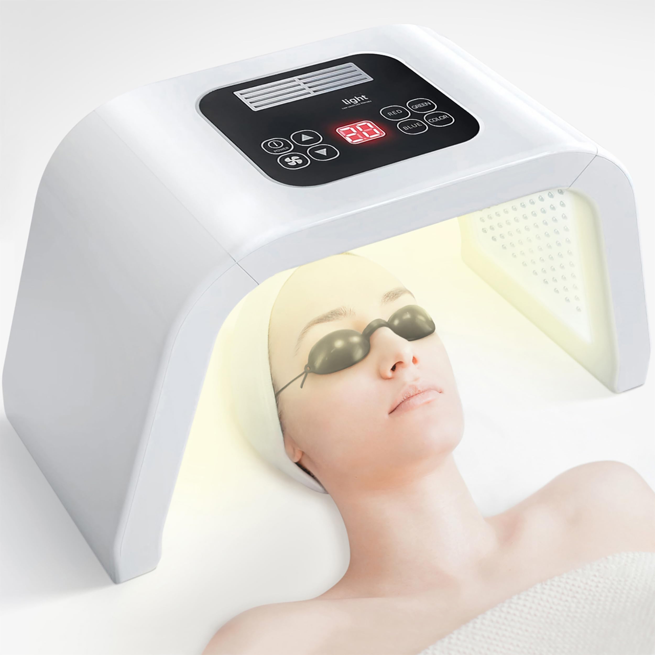 LOUDYKACA red-light face mask front view for enhanced skin tone and relaxing treatment.