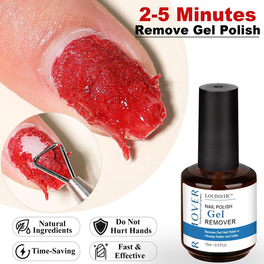 Gel polish remover application showing fast 2–5 minute removal by Louinstic