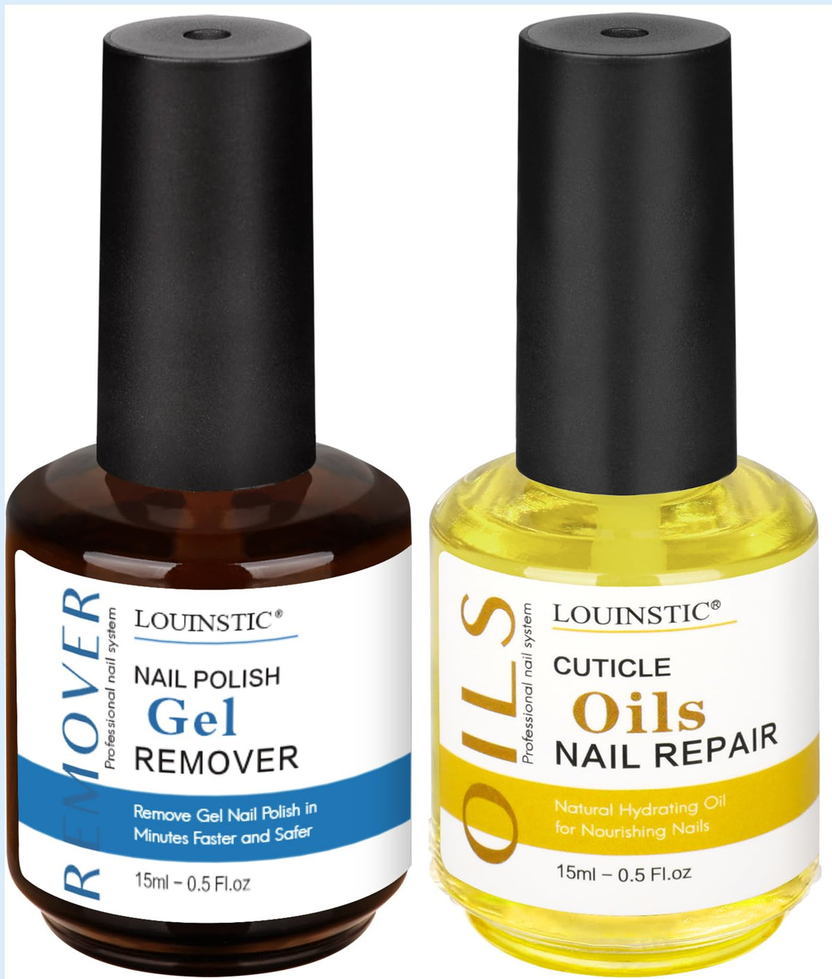 LOUINSTIC gel remover bottle close-up showing fast, acetone-free action.