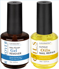 LOUINSTIC gel remover bottle close-up showing fast, acetone-free action.