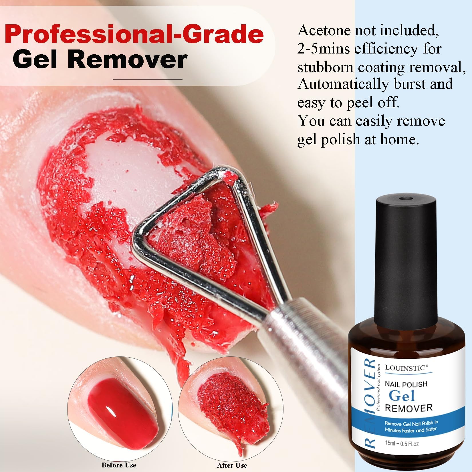 LOUINSTIC gel polish remover two-pack display highlights acetone-free, nail-safe formula.