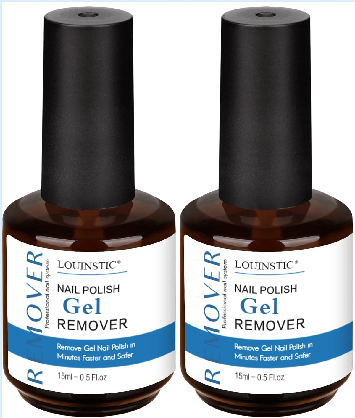 LOUINSTIC gel polish remover bottle front shows two-pack convenience for at-home manicures.