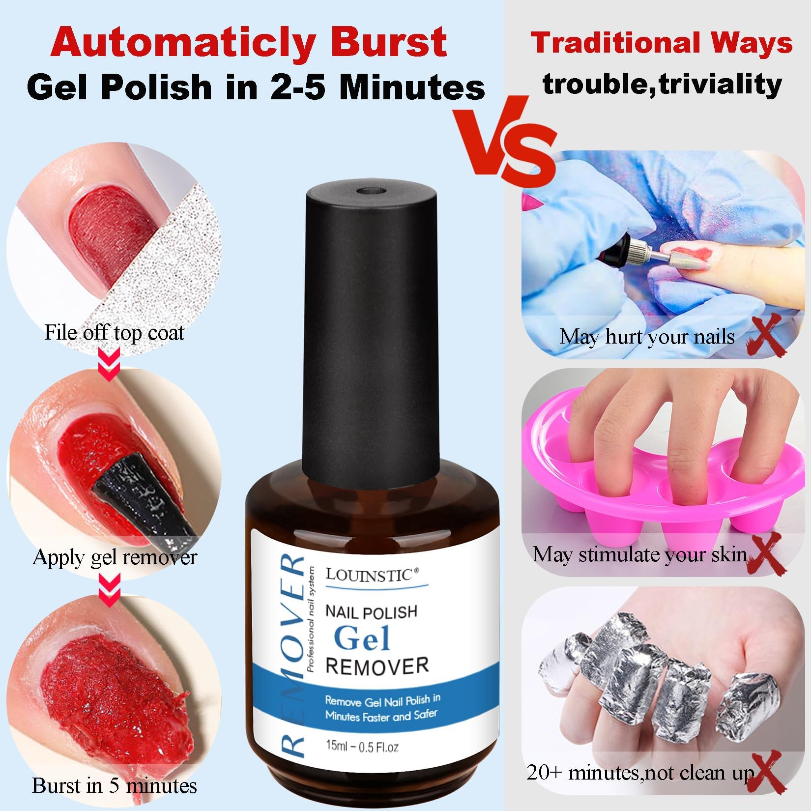LOUINSTIC at-home manicure setup with remover and tools ready.