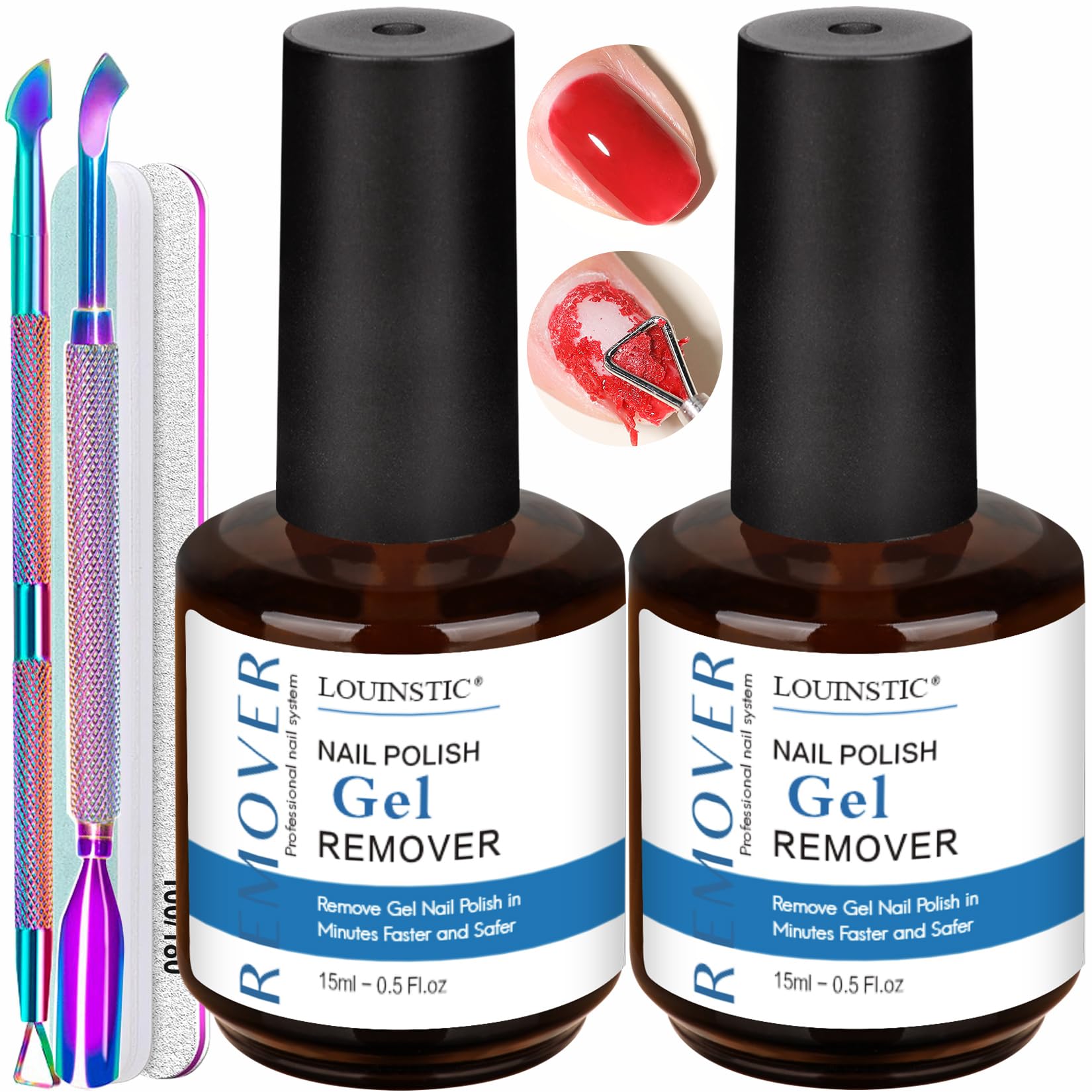 Louinstic gel remover bottles (15ml each) enabling quick at-home removal.