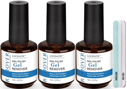 LOUINSTIC nail polish remover kit with 3 x 15ml bottles for quick home gel removal.